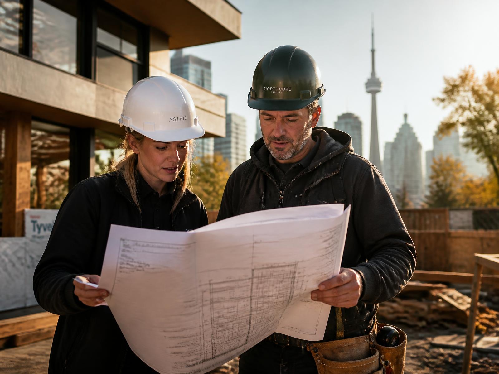 As Builders team reviewing construction drawings on a Toronto job site
