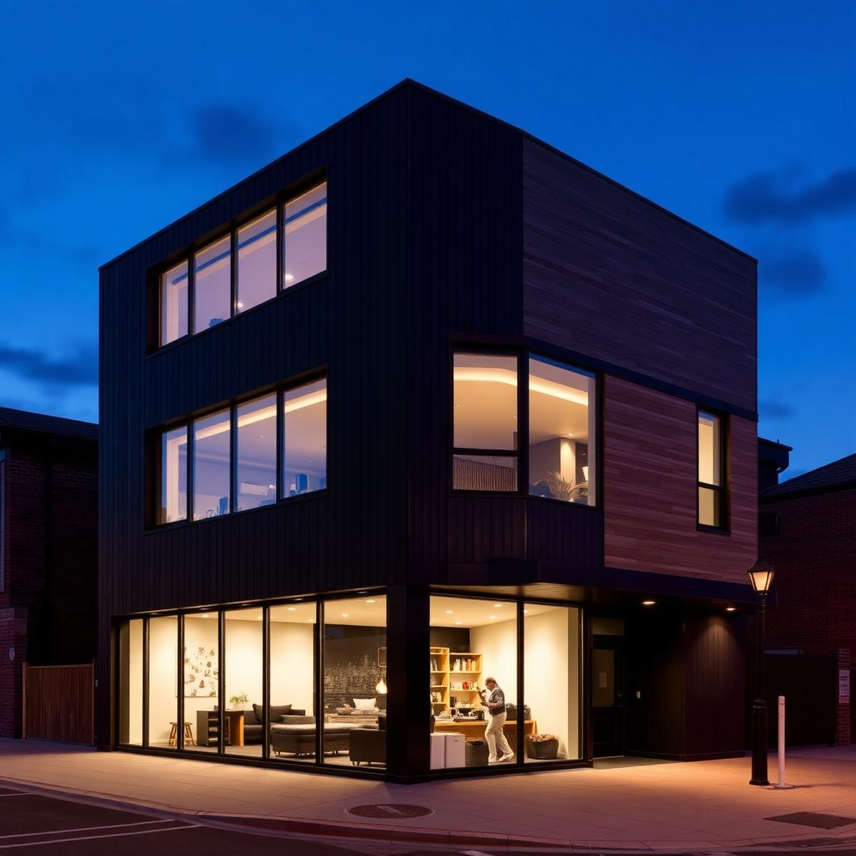 Sustainable low-rise commercial building at dusk
