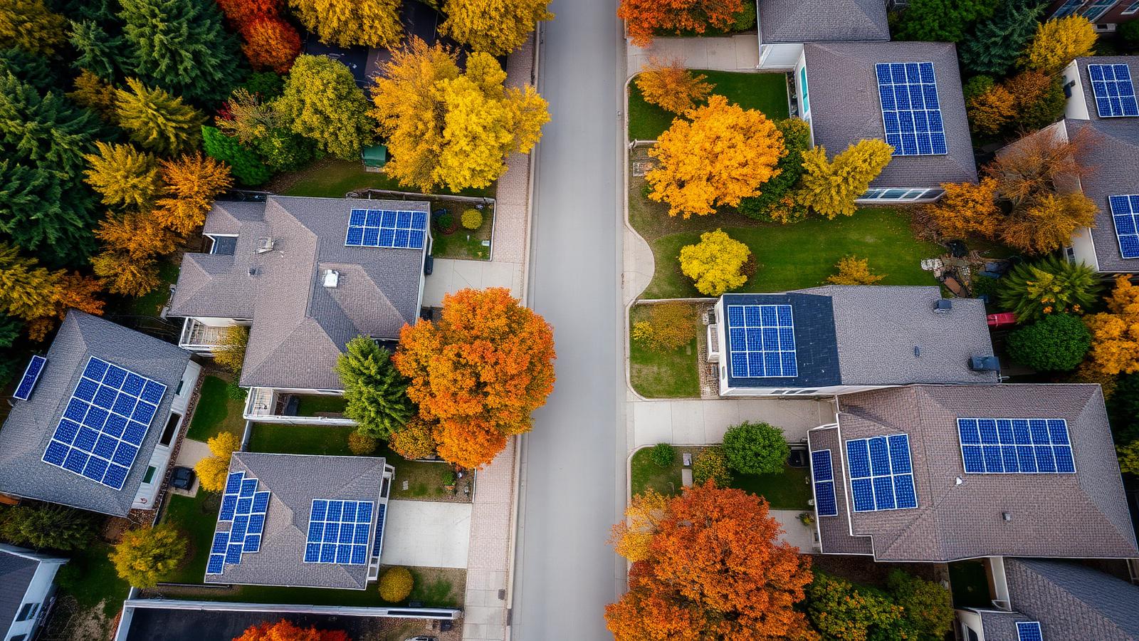 Aerial view of a Toronto street with rooftop solar arrays on several homes